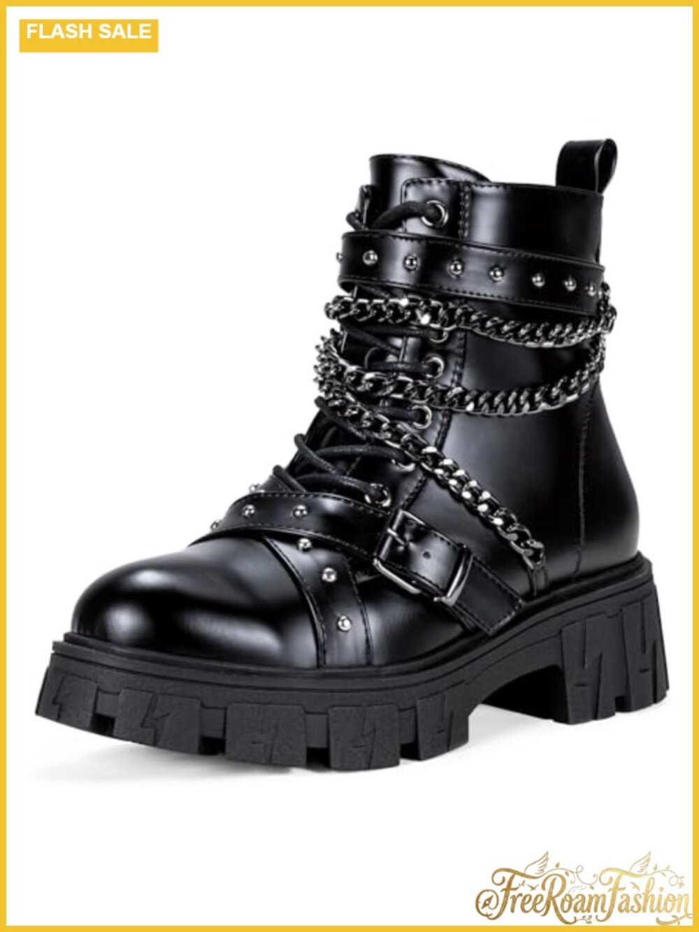 Women's Chelsea Combat Boots Chunky Platform Ankle Boots Chain Detail
